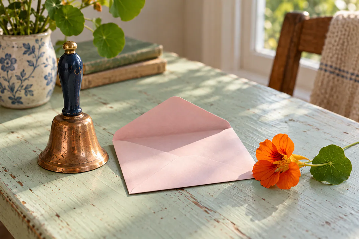 A copper bell with a dark blue handle rests beside an open pink envelope and an orange nasturtium on a mint table.
