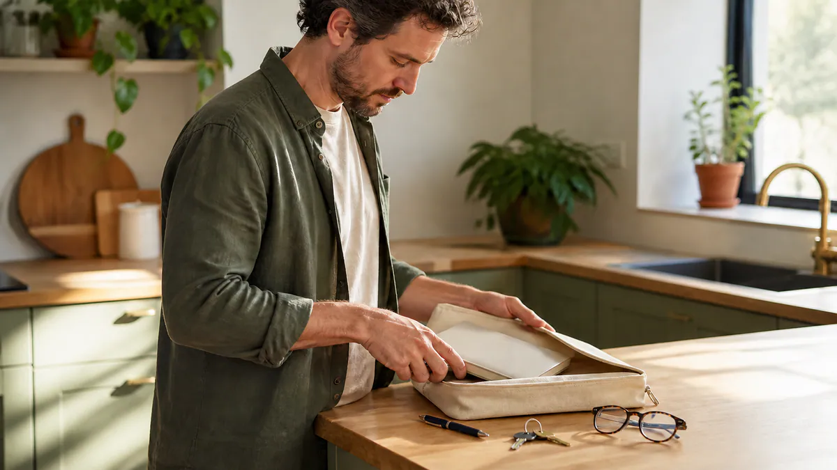 An adult stands at a sunlit kitchen counter packing a plain notebook into a canvas folio beside keys and glasses.