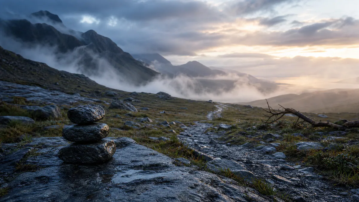 Three wet basalt stones beside a mountain trail opening into a misty valley at dawn