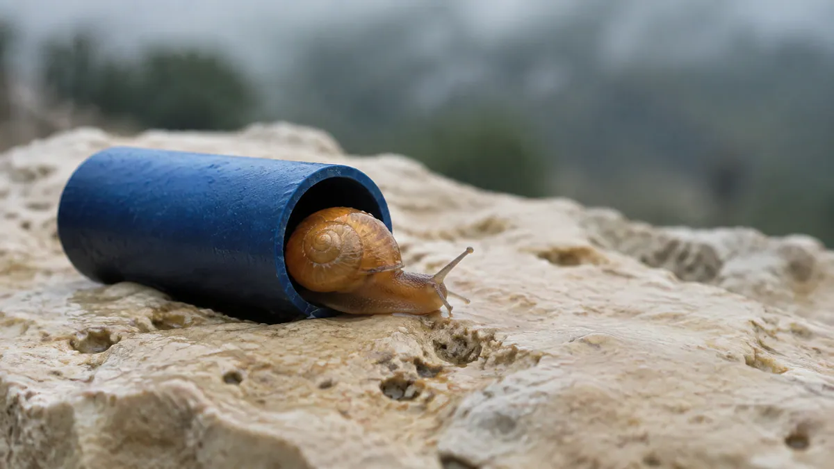 Amber garden snail emerging from a blue clay tube onto pale stone after rain.