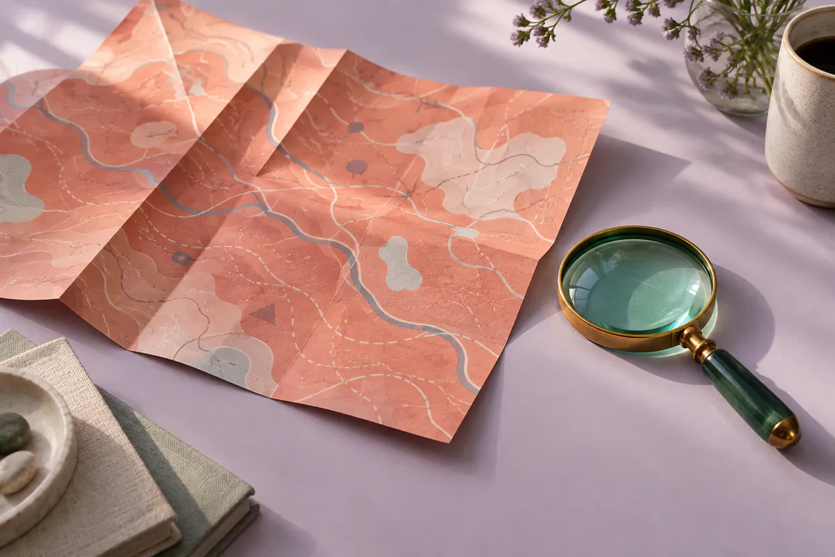 A folded coral map and an emerald magnifying glass with a brass rim rest on a pale lavender desk in morning light.