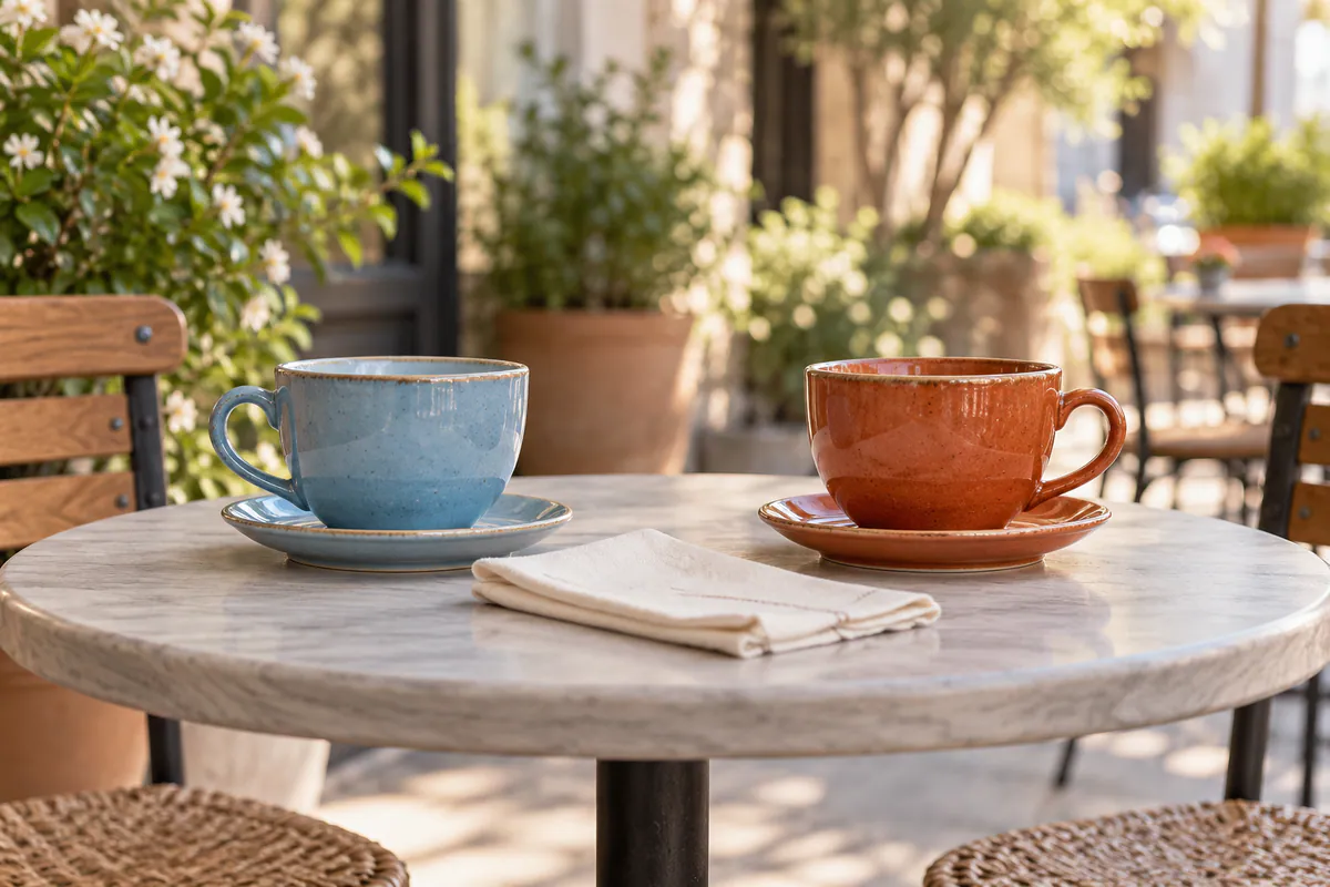 A sky-blue teacup and a rust-orange teacup sit across from each other on a pale ash café table beside a folded cream napkin.