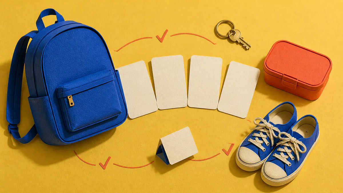 Blue backpack, blank cards, key, lunch box, and sneakers arranged on a yellow surface
