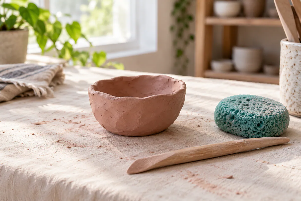 An uneven rose-colored clay bowl sits beside a turquoise sponge and a wooden modeling tool on a cream studio table.