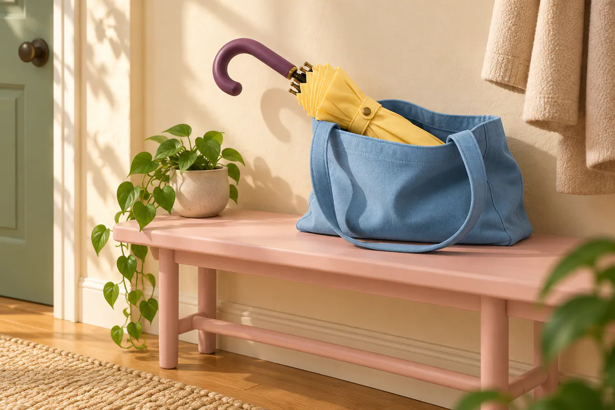 A butter-yellow umbrella with a plum handle rests in a sky-blue tote on a pale pink hallway bench.