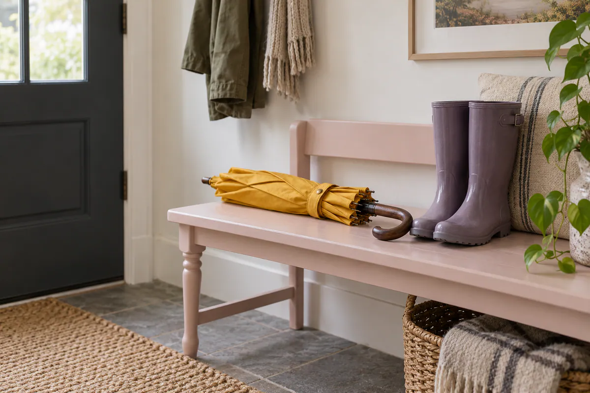 A mustard-yellow umbrella with a curved wooden handle rests beside violet rain boots on a pale pink entryway bench.
