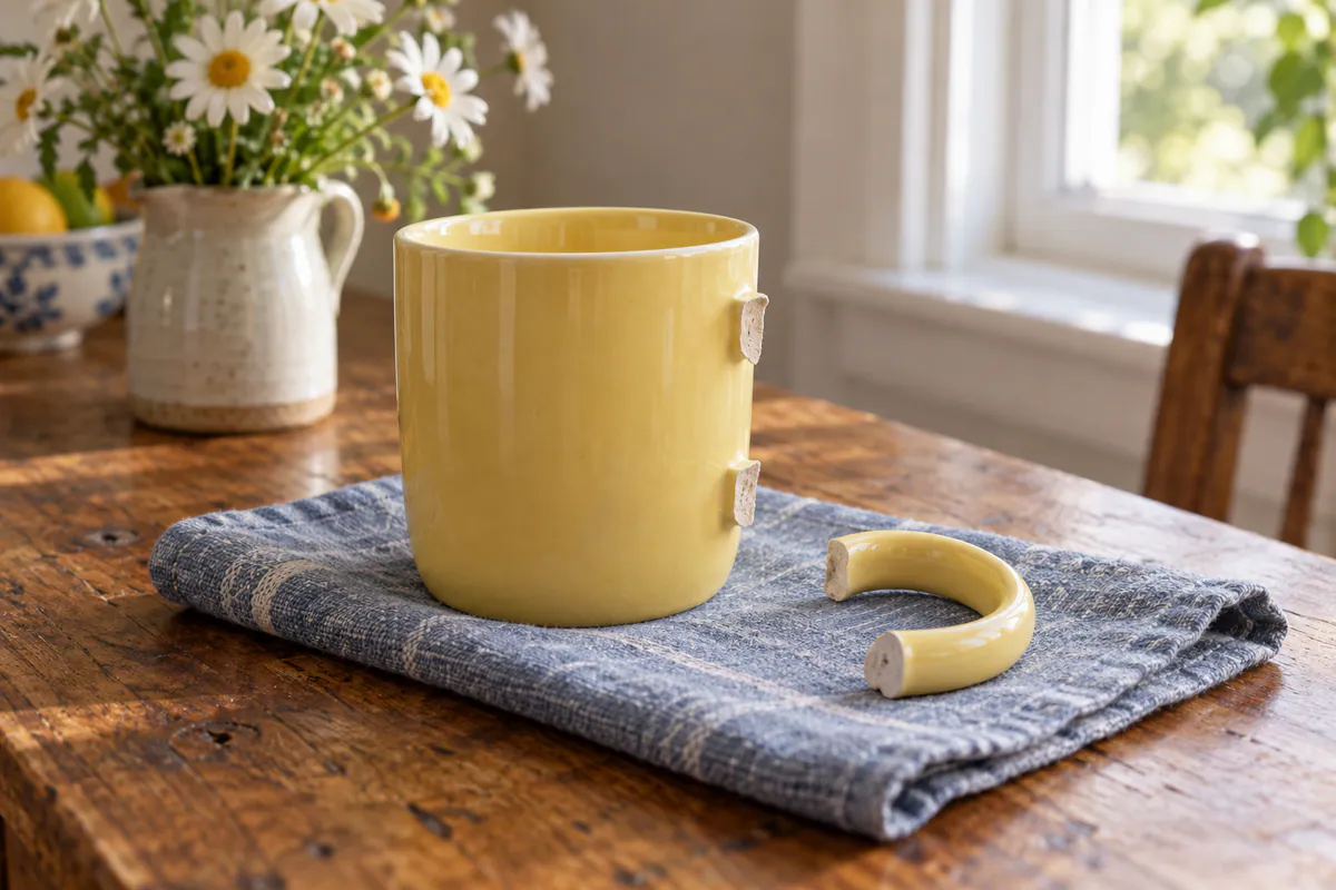 A butter-yellow mug with a detached handle rests on a dusty-blue tea towel beside white daisies.