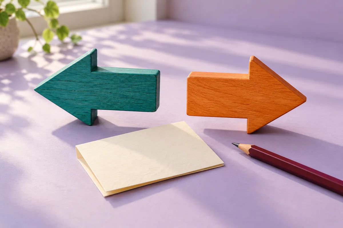 Teal and orange wooden arrows point in different directions beside folded cream paper and a burgundy pencil on a lavender table.