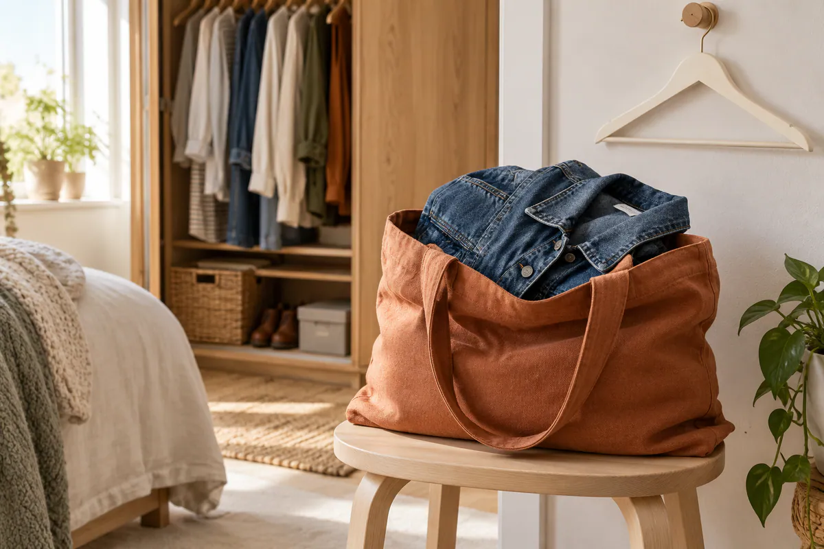 An indigo denim jacket rests inside a terracotta fabric tote on a birch stool beside an ivory clothes hanger.