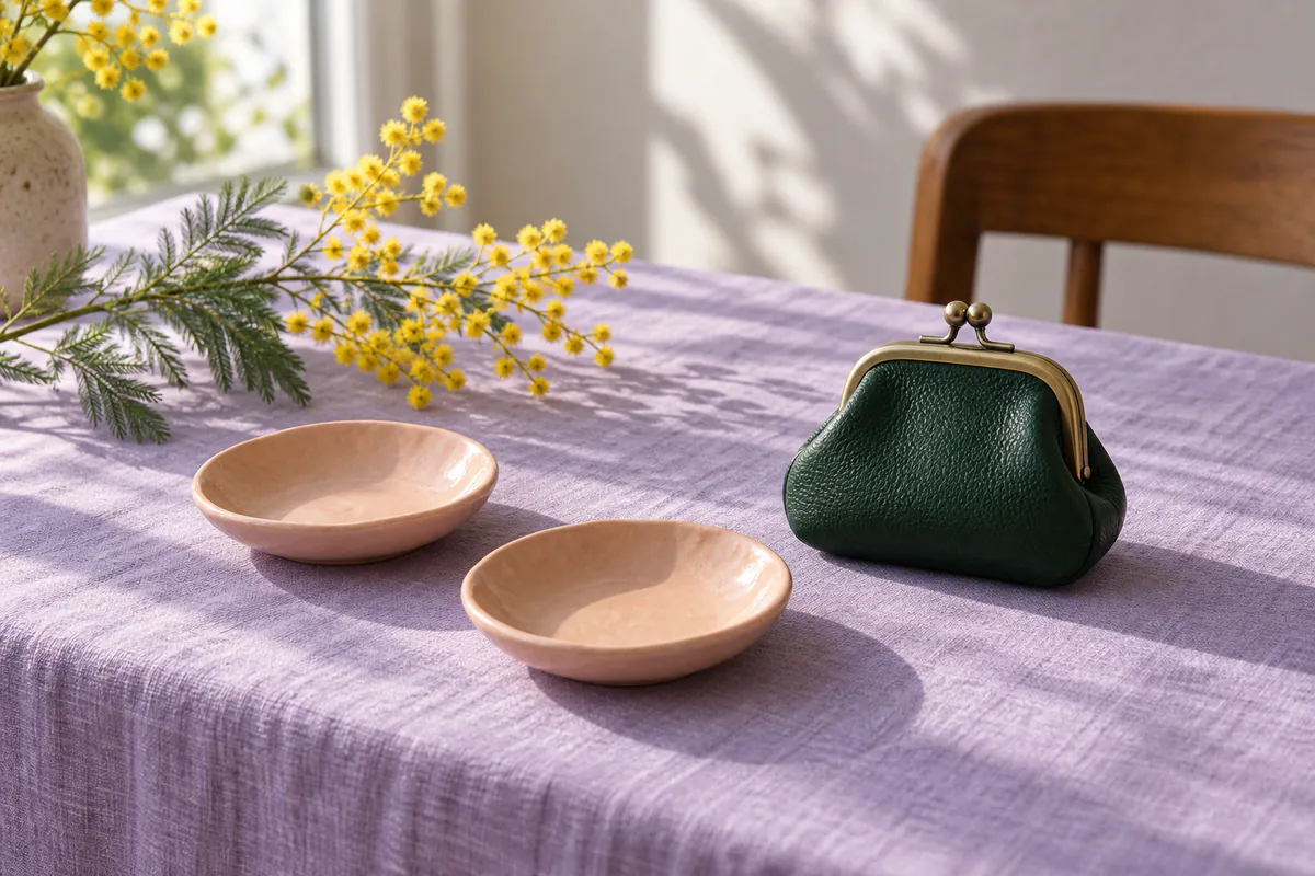 A closed forest-green coin purse sits beside two peach ceramic dishes on lilac linen in soft light with yellow mimosa flowers.
