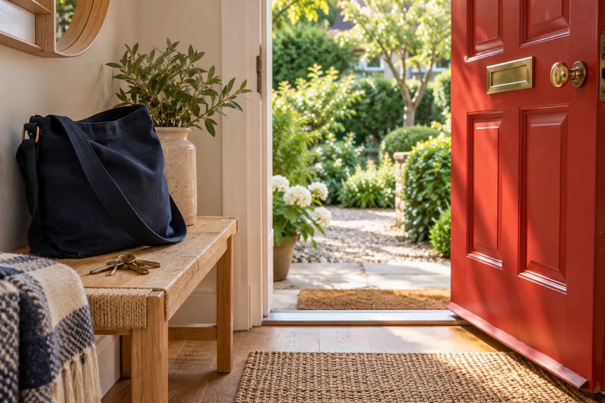 A tomato-red front door opens toward a green garden beside a navy shoulder bag and brass keys on an oak bench.