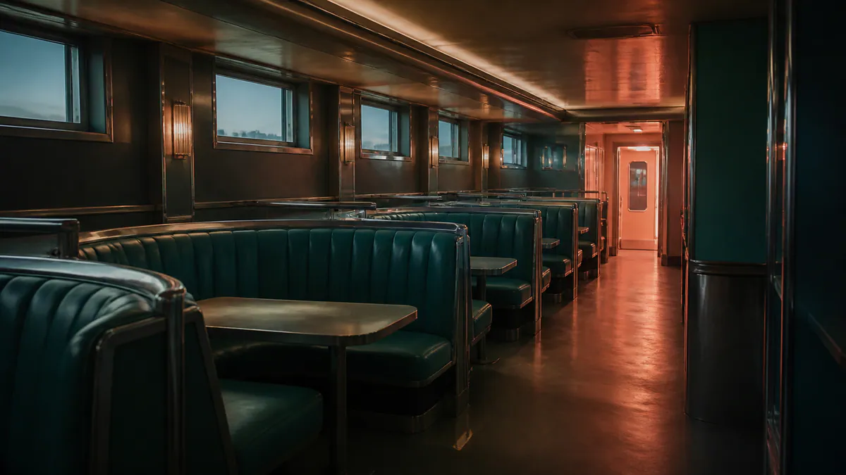 An empty teal diner before dawn leads toward a softly coral-lit doorway.