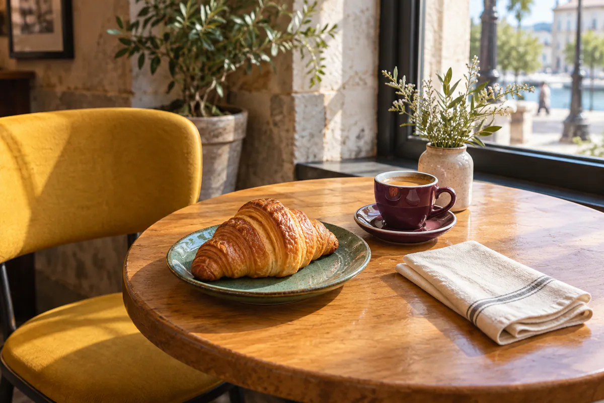 A croissant on a sea-green plate and a plum coffee cup sit beside a mustard chair at a sunny café table.