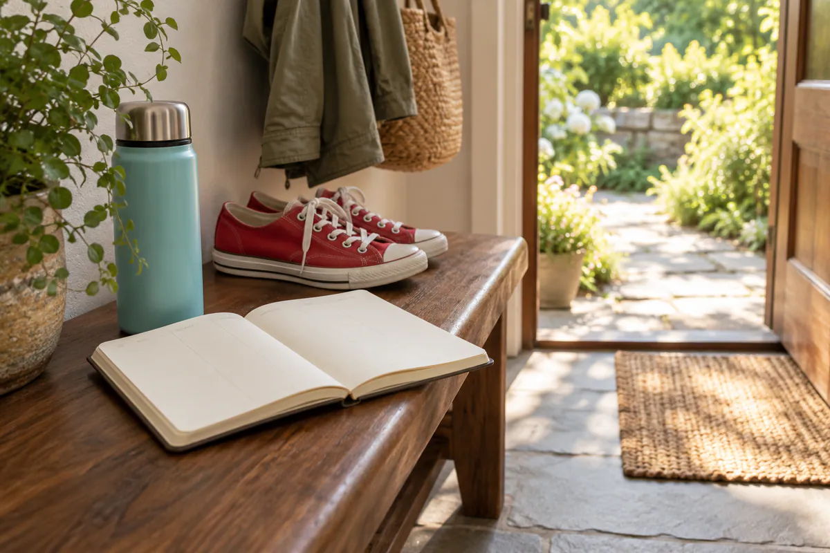 An open blank planner sits beside scarlet canvas shoes and a turquoise flask on a walnut bench by a sunlit garden doorway.