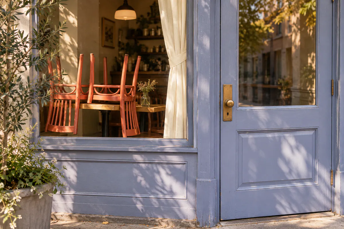 Coral cafe chairs rest upside down on an oak table behind a window beside a periwinkle door and cream curtain.