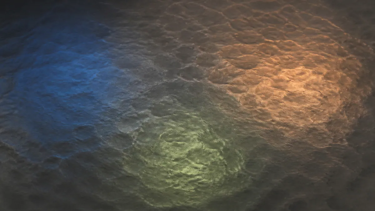 Muted cobalt, apricot, and sage reflections spread across one continuous hammered-pewter surface.