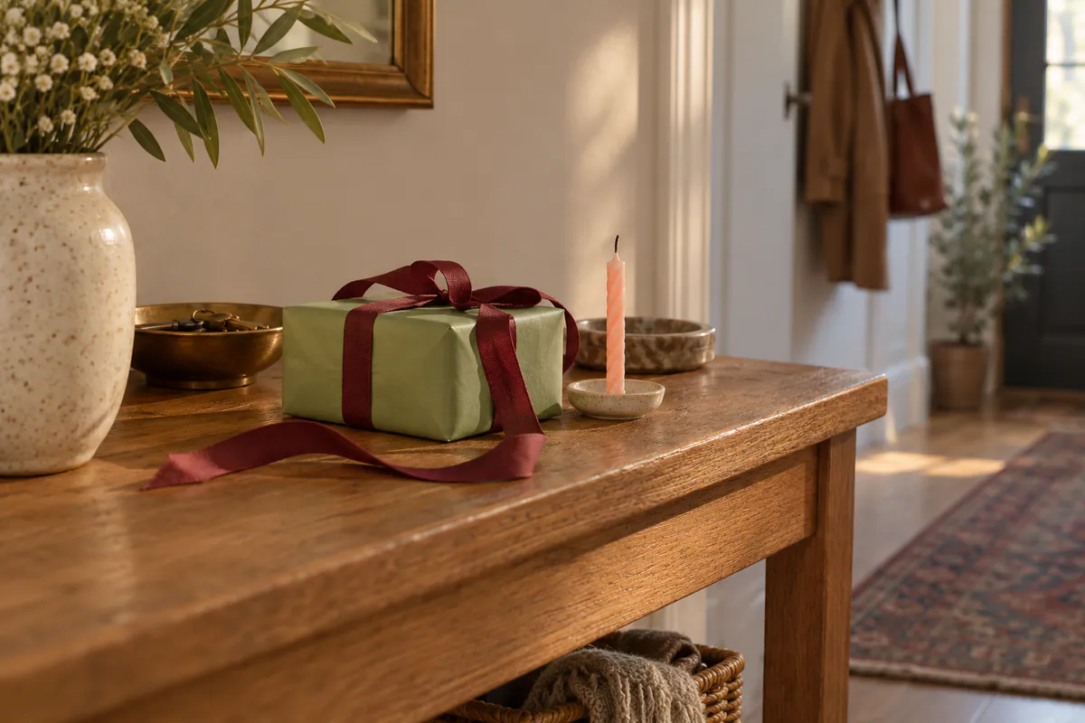 A pistachio-green birthday present with burgundy ribbon sits beside an unlit peach candle on an oak hallway console.