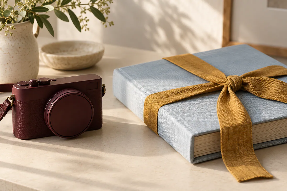 A burgundy camera with its lens covered rests beside a pale blue photo album tied with an ochre ribbon on an ivory tabletop.