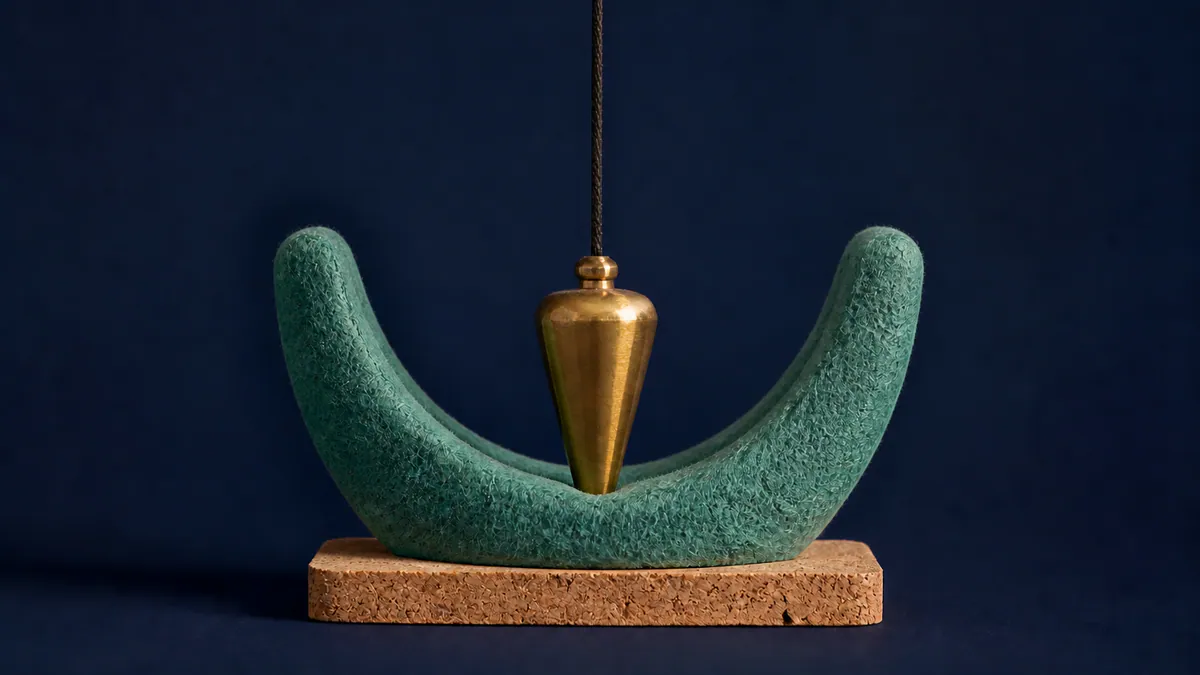A brushed-brass plumb weight hangs inside a curved sea-green felt cradle on a warm cork base.