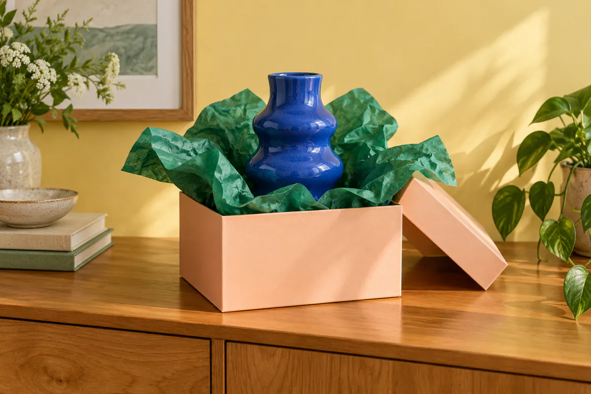 A cobalt-blue ceramic vase sits in an open peach gift box with emerald tissue paper on a maple sideboard.