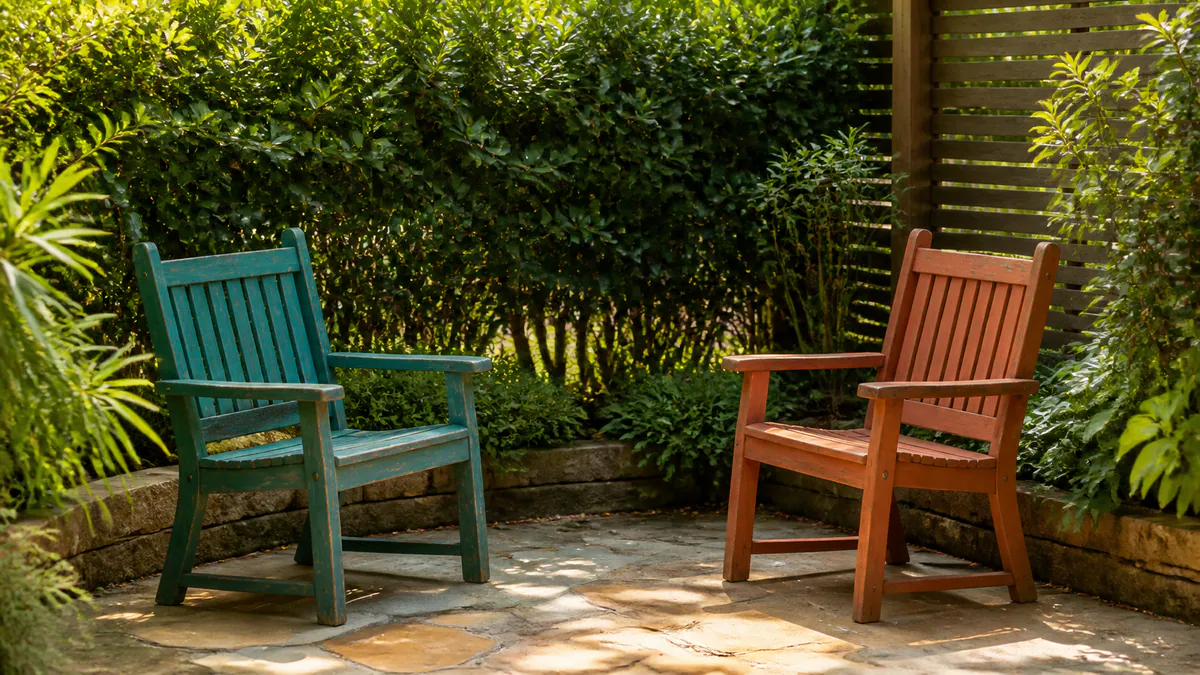 Two weathered wooden chairs, one teal and one terracotta, face each other in a quiet sunlit garden alcove.