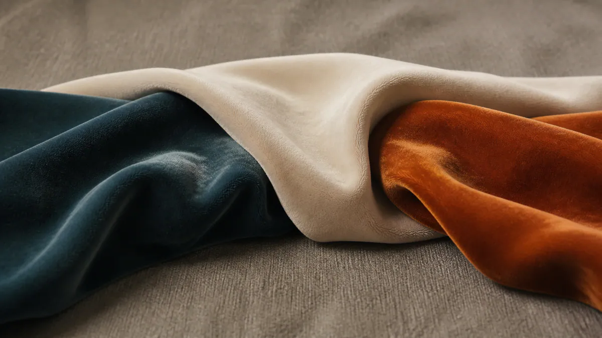 An ivory velvet fold rests across neighboring teal and burnt-orange folds on a warm-gray textile surface.