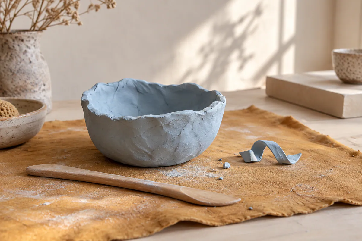 An unfinished pale blue clay bowl and a wooden sculpting tool sit on an ochre mat in a softly lit studio.