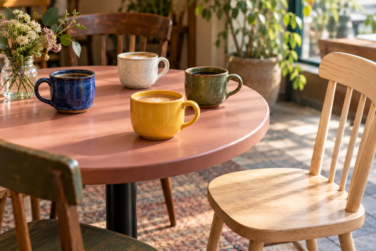 Yellow, cobalt, ivory and moss-green cups form an open circle on a rose cafe table beside a pale wooden chair.