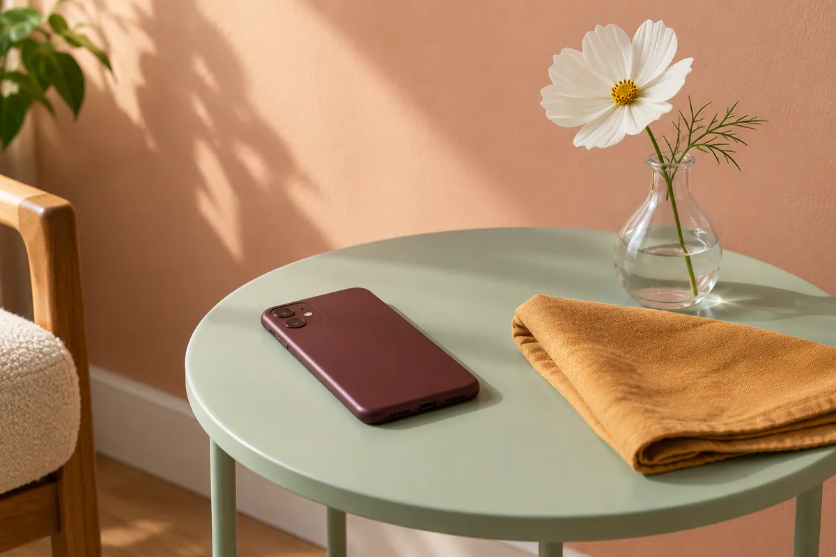A burgundy phone lies face down beside saffron linen and a white cosmos flower on a pale mint table.