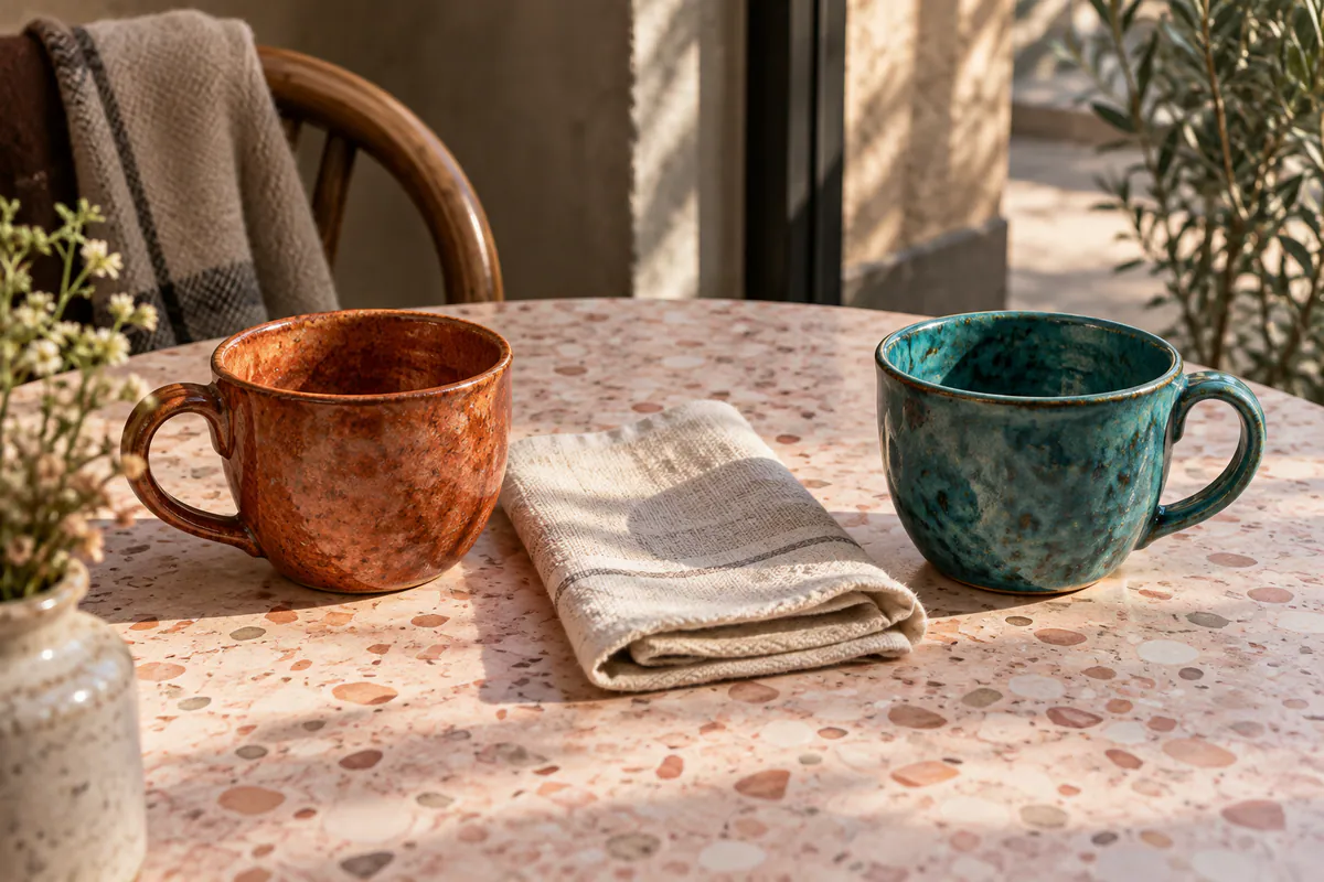 Rust-orange and turquoise ceramic cups sit across a folded cream linen napkin on a pink terrazzo cafe table.