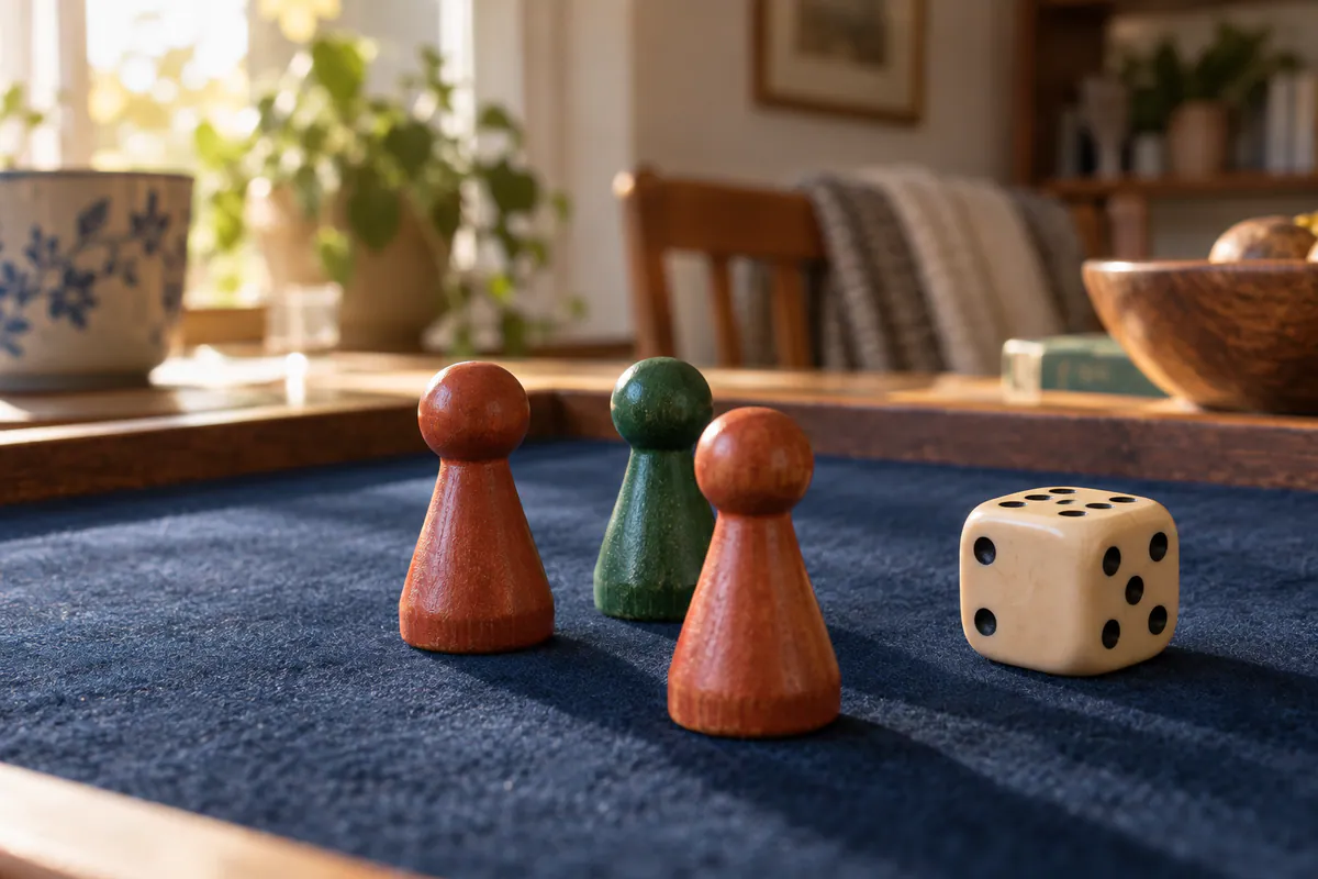 Terracotta and jade wooden game pawns stand beside an ivory die on midnight-blue felt.