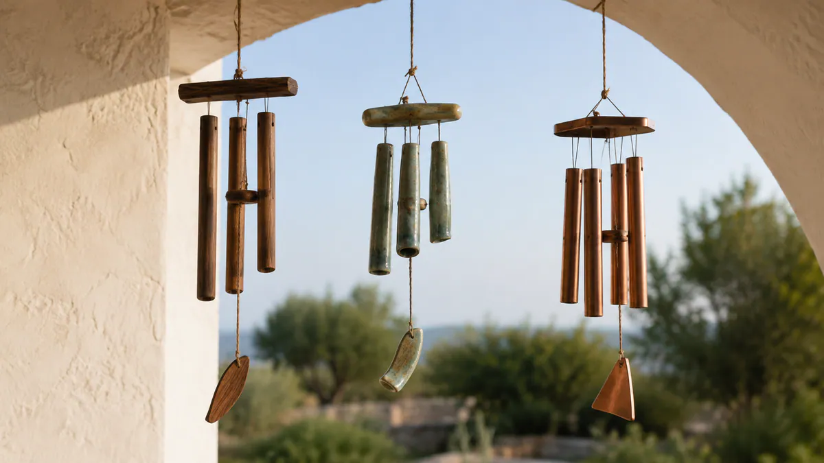 Three handmade wind chimes of wood, green stoneware, and copper hang in a sunlit plaster archway.