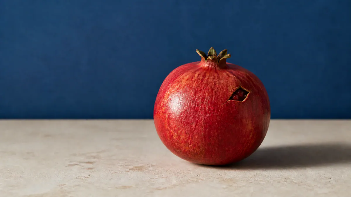 One ripe pomegranate rests on warm limestone, with a small side opening revealing a few ruby seeds.