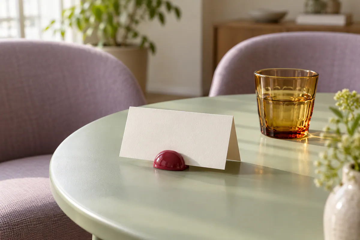 A blank cream place card rests in a raspberry-red holder beside an amber glass on a sage table with lilac chairs.