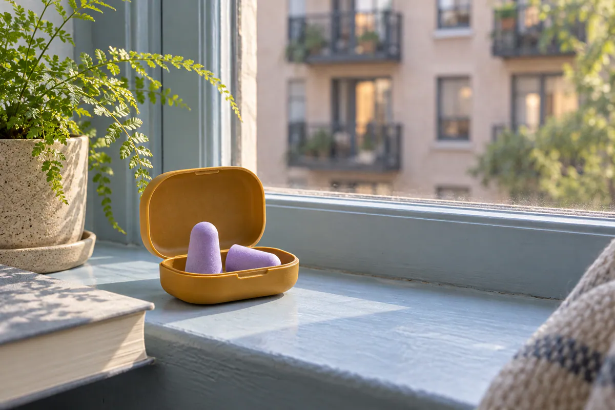Lavender earplugs rest in an open ochre case beside a fern on a pale blue windowsill.