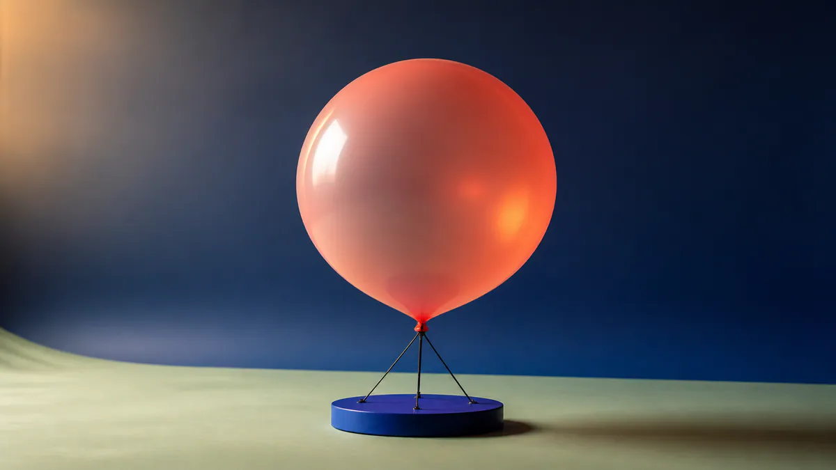 A coral balloon tethered by three dark cords to a cobalt circular base on a pale-green surface against a deep navy backdrop.