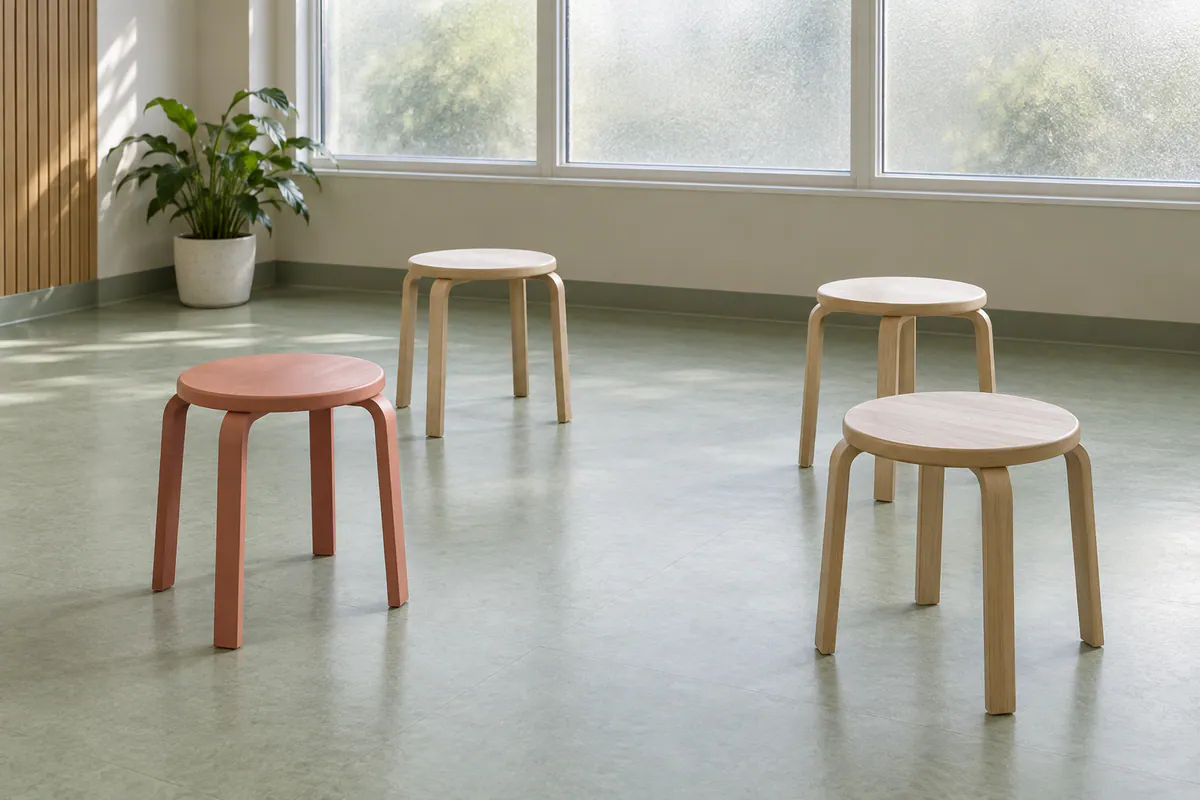 Four wooden stools, one coral and three natural ash, form an open circle on a sage-green floor in a quiet community room.