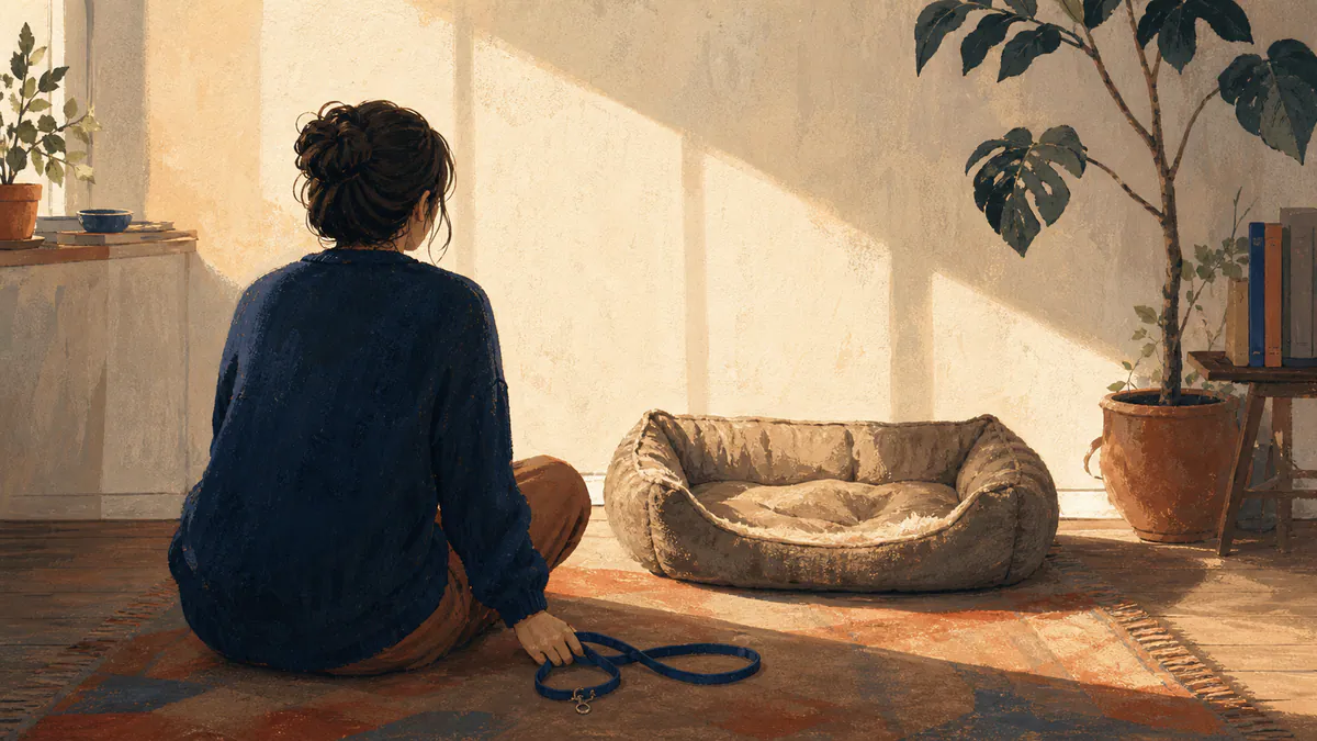 Hand-painted scene of a person seated beside an empty pet bed with a loose leash in warm afternoon light