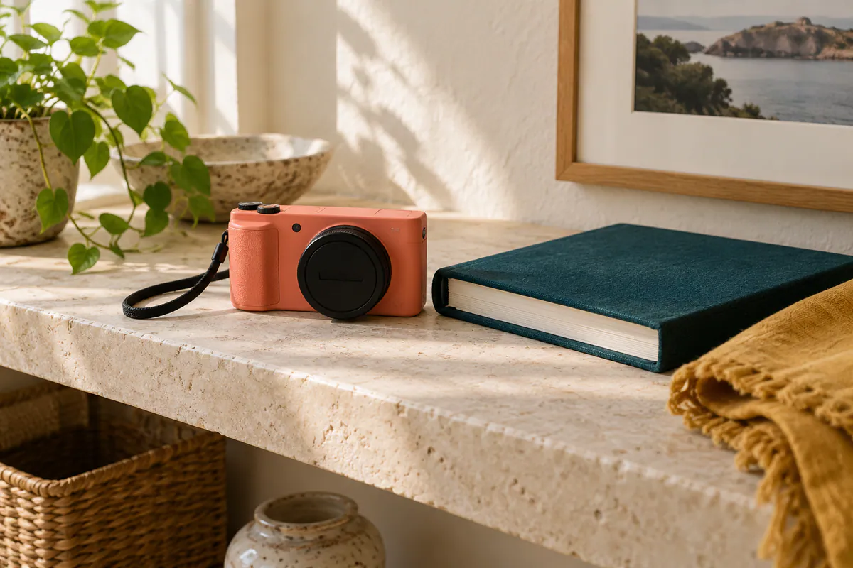 A coral camera with its lens capped rests beside a closed teal photo album and ochre cloth on a pale stone shelf.