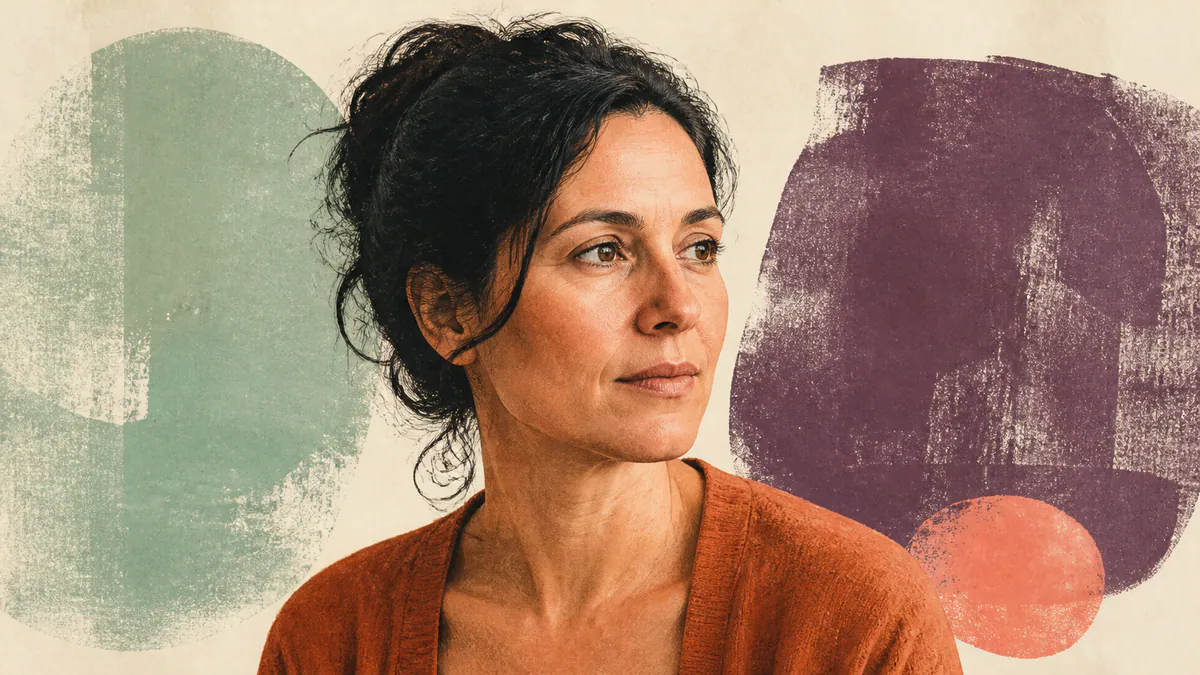 Textured editorial portrait of an adult in a rust cardigan against sea-green and aubergine color fields