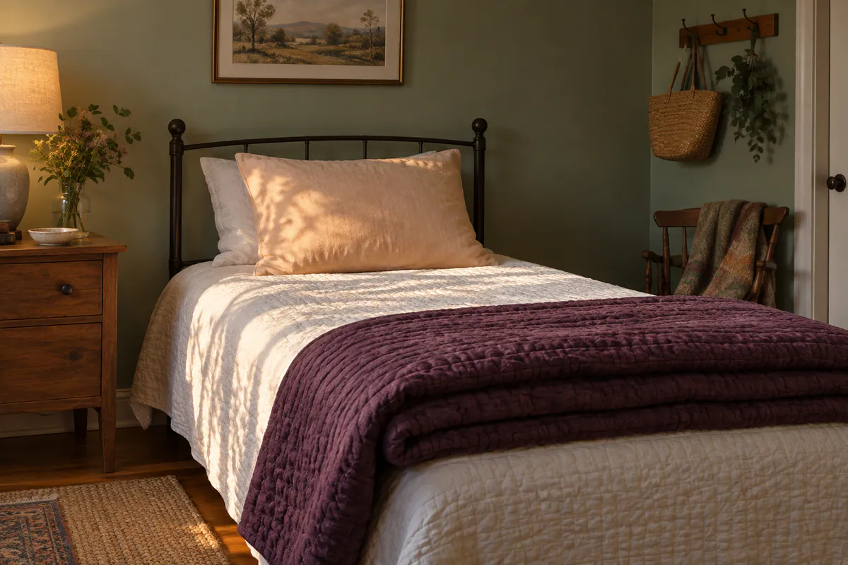 A folded plum quilt and apricot pillow rest on a guest bed in a sage room lit by late-afternoon sun.