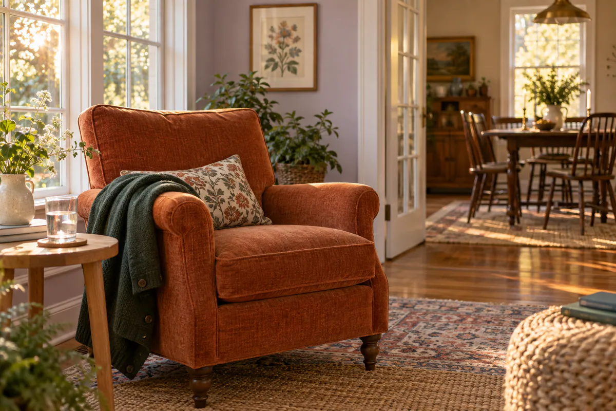 An empty burnt-orange armchair with a forest-green cardigan sits beside a glass of water in a sunlit room overlooking a dining area.