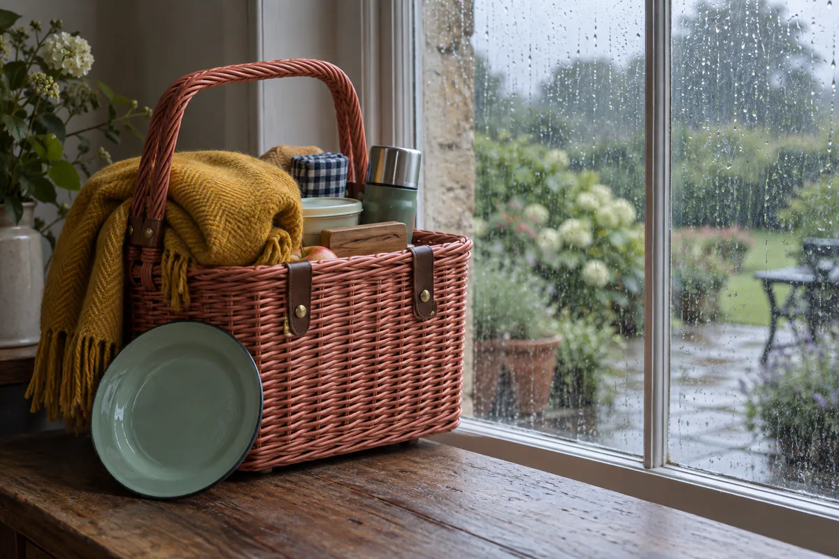 A coral picnic basket, mustard blanket, and mint plate sit beside a rain-streaked window.