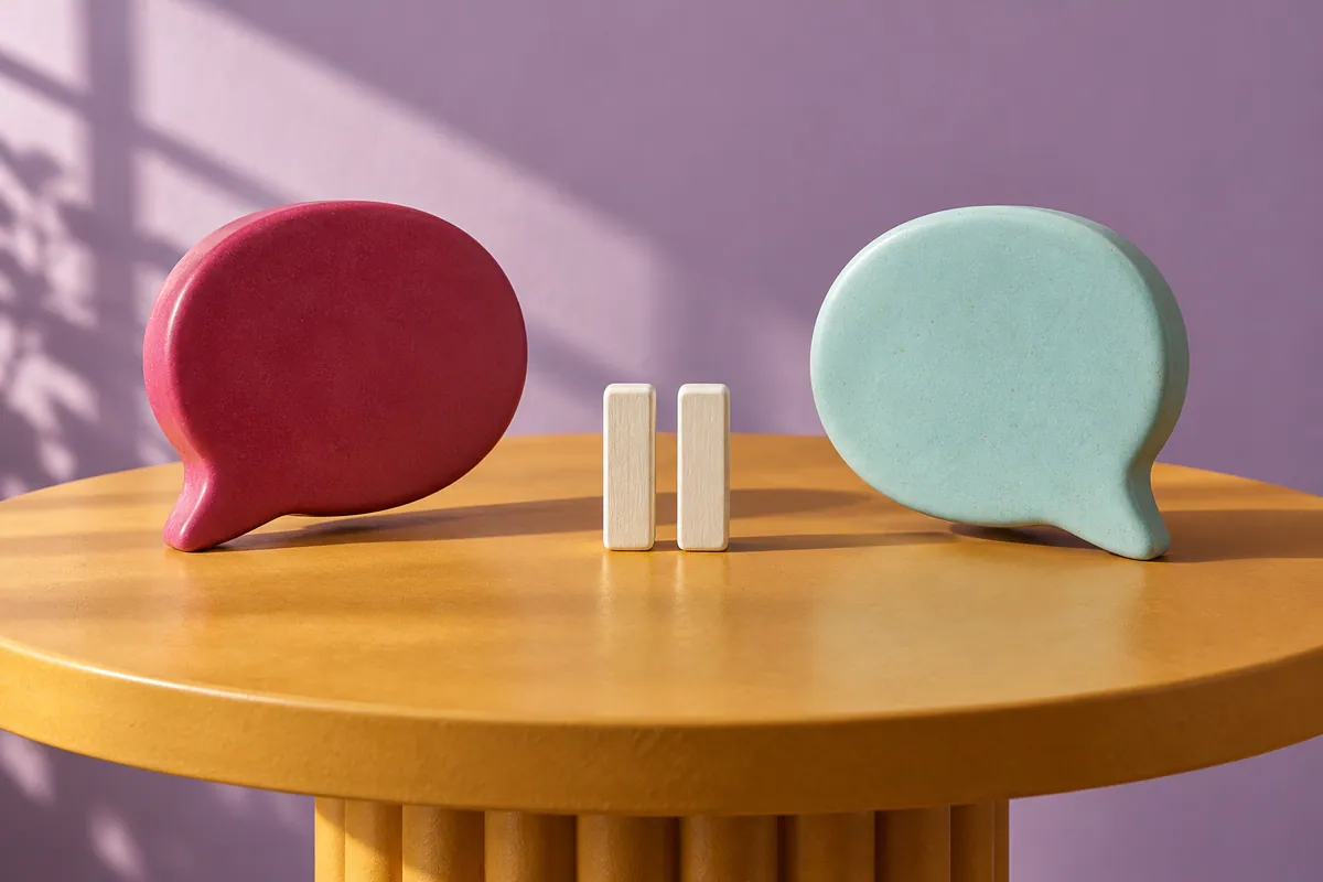 Raspberry and pale aqua ceramic speech bubbles stand beside an ivory pause symbol on an ochre table against a lilac wall.