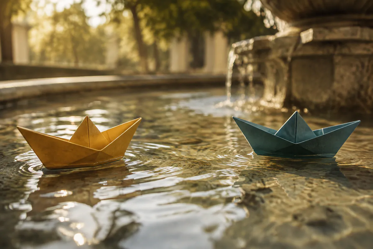 Ochre and teal paper boats float toward each other in a sunlit stone fountain.