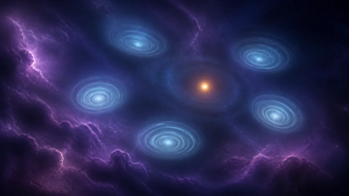 Five pale-cyan light echoes float around one warm amber star above violet clouds.