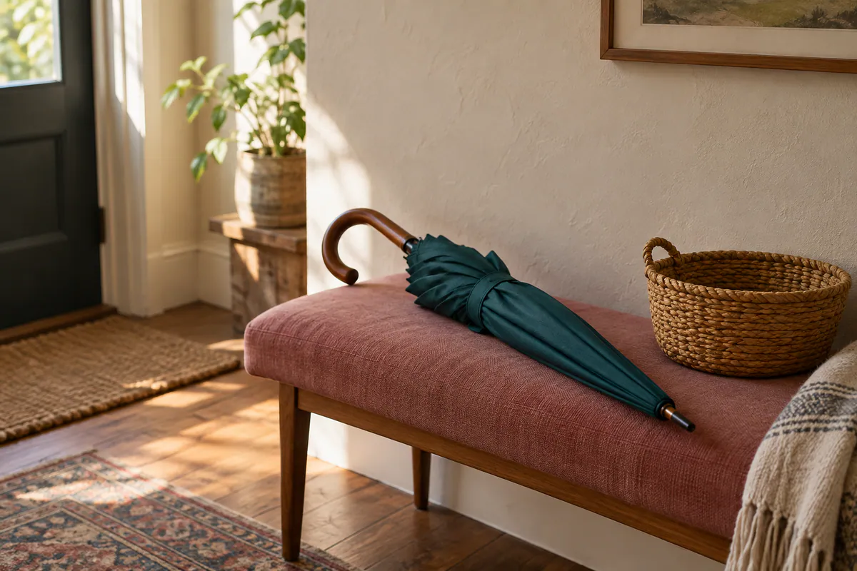 A closed teal umbrella with a curved wooden handle rests on a dusty rose bench beside an ochre woven basket.