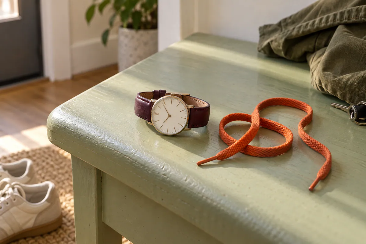 An aubergine wristwatch and an orange shoelace rest on a pale green entryway bench.