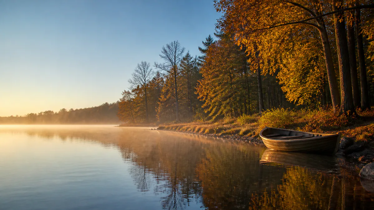 An empty wooden rowboat rests by a still lake where cool dawn shadow meets warm autumn sunlight.
