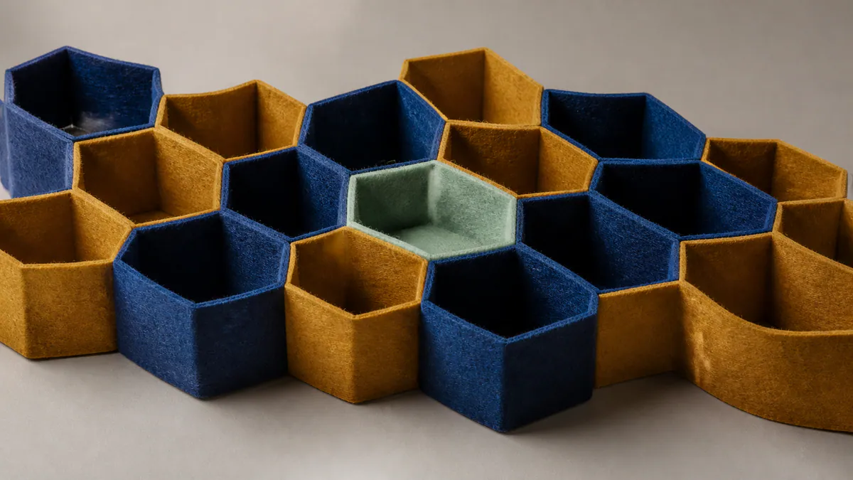 A honeycomb lattice of indigo and amber felt cells with one mint-lined cell on a warm-gray studio surface.